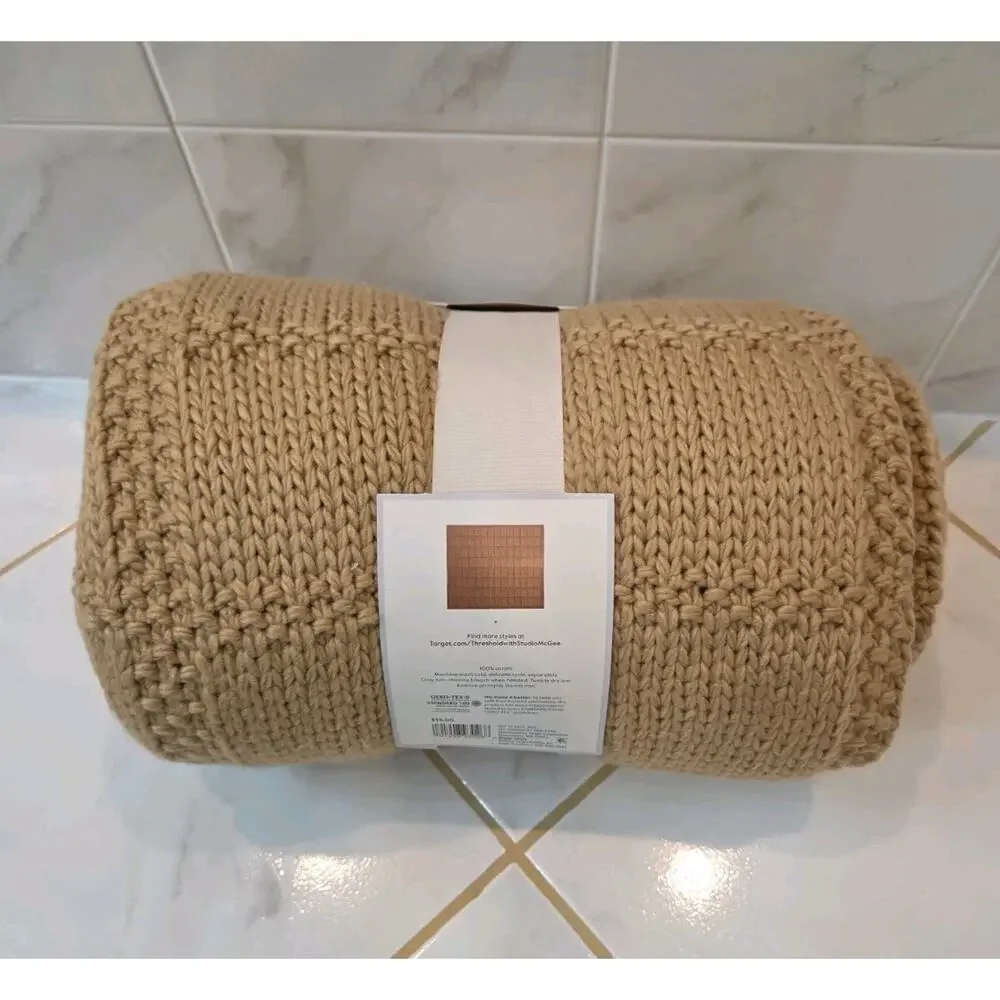 STUDIO MCGEE KNIT GRID THROW BLANKET CAMEL 50X60 NEW